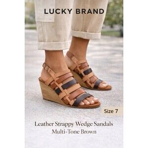 Lucky Brand Women’s Leather Strappy Wedge Sandals Multi-Tone Brown Size 7
